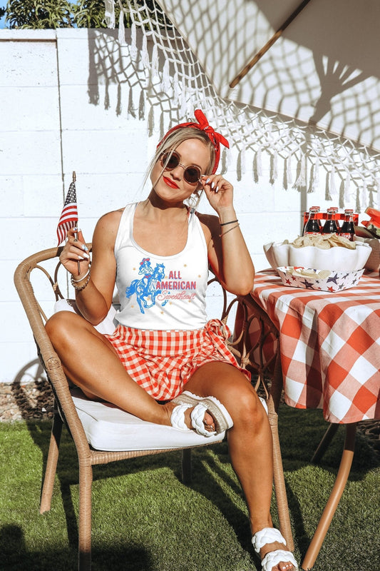 All American Sweetheart 4th Of July Patriotic Tank, Western Cowgirl 4th of July Tee Shirt - Squishy Cheeks