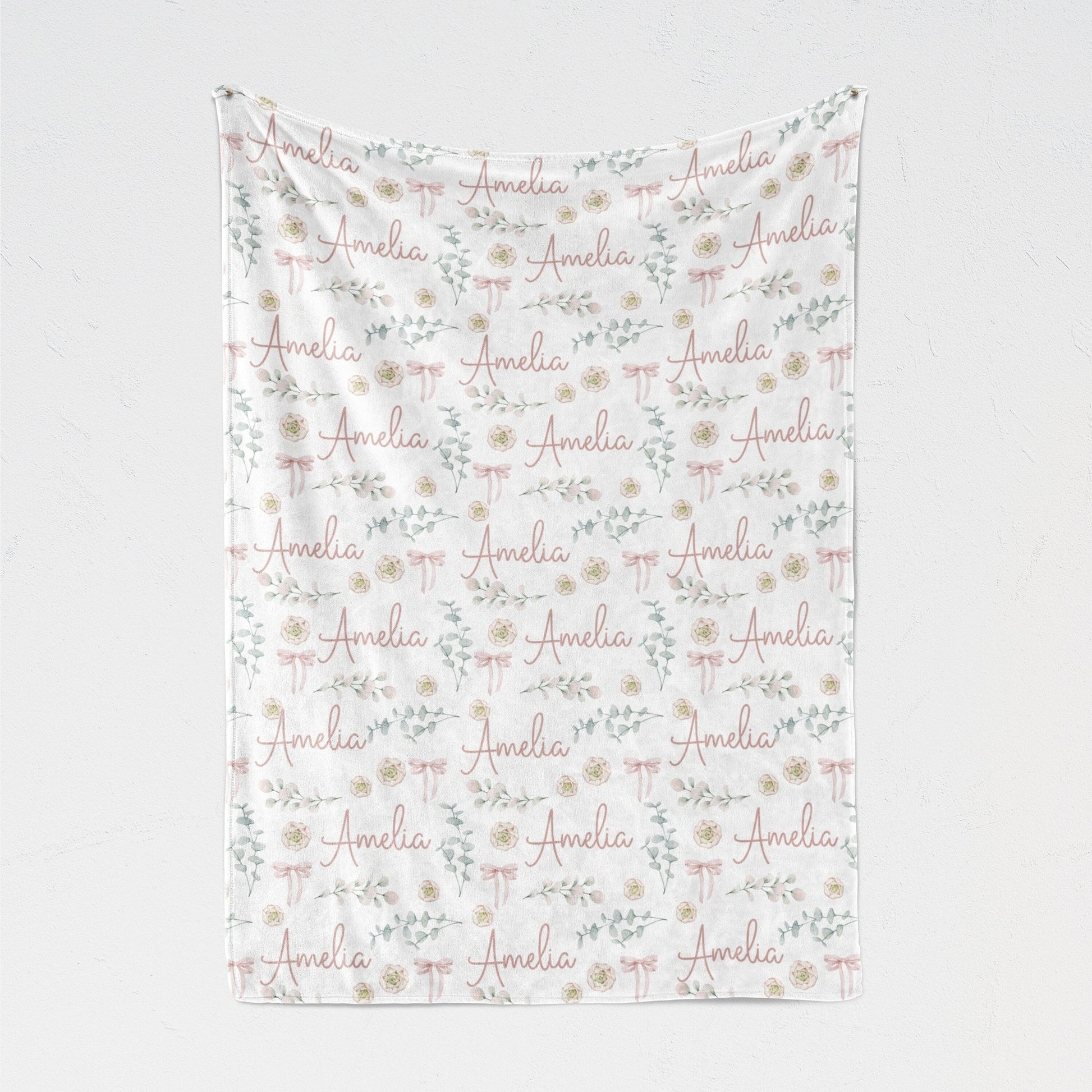 Baby Girl Pink Bows Floral Personalized Swaddle Blanket, Baby Girl Boho Ballerina Greenery Nursery Swaddle - Squishy Cheeks
