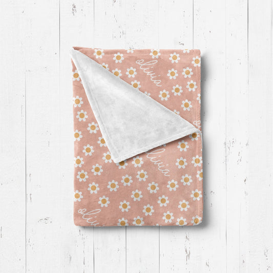 Baby Girl Pink Daisy Blanket Floral Personalized Swaddle Blanket, Baby Girl Boho Retro Pink Daisy Nursery - Squishy Cheeks