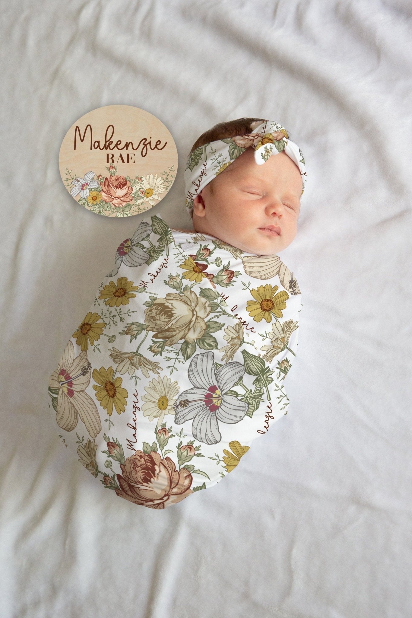 Baby Girl Wildflower Swaddle, Personalized Vintage Floral Baby Blanket with Name Sign - Squishy Cheeks