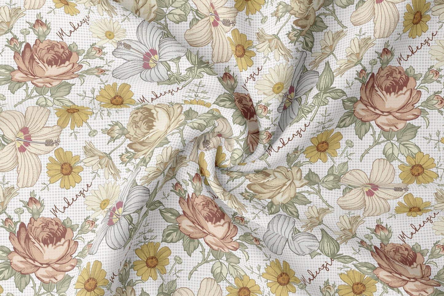 Baby Girl Wildflower Swaddle, Personalized Vintage Floral Baby Blanket with Name Sign - Squishy Cheeks