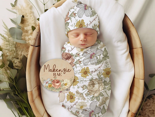 Baby Girl Wildflower Swaddle, Personalized Vintage Floral Baby Blanket with Name Sign - Squishy Cheeks