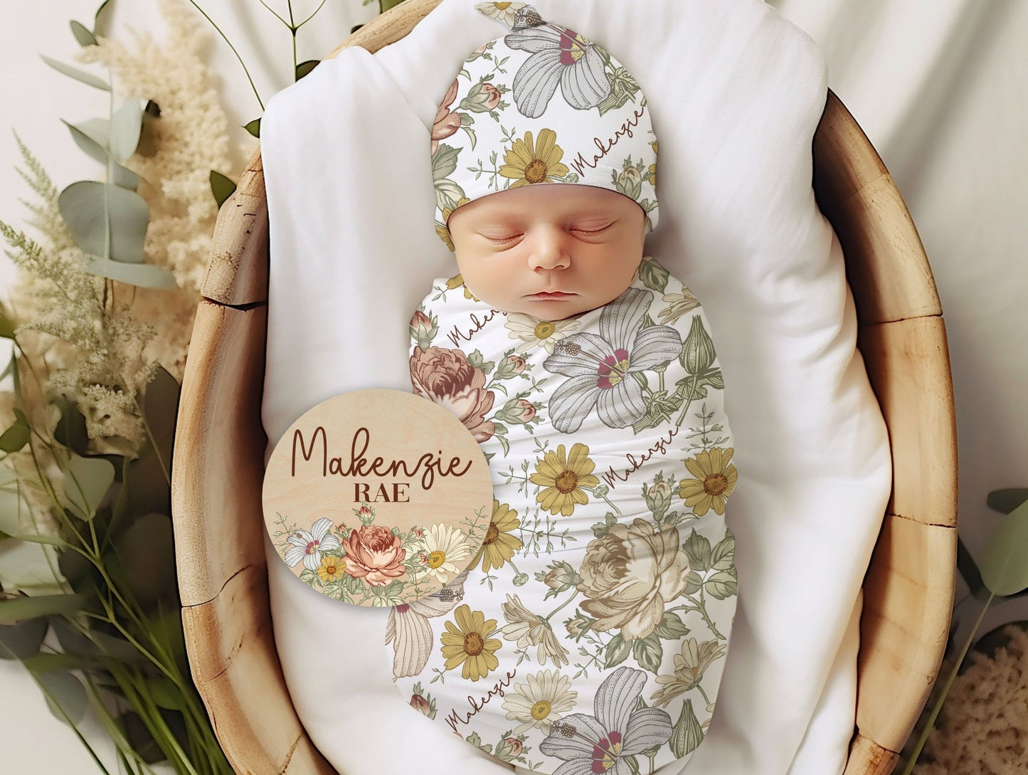 Baby Girl Wildflower Swaddle, Personalized Vintage Floral Baby Blanket with Name Sign - Squishy Cheeks