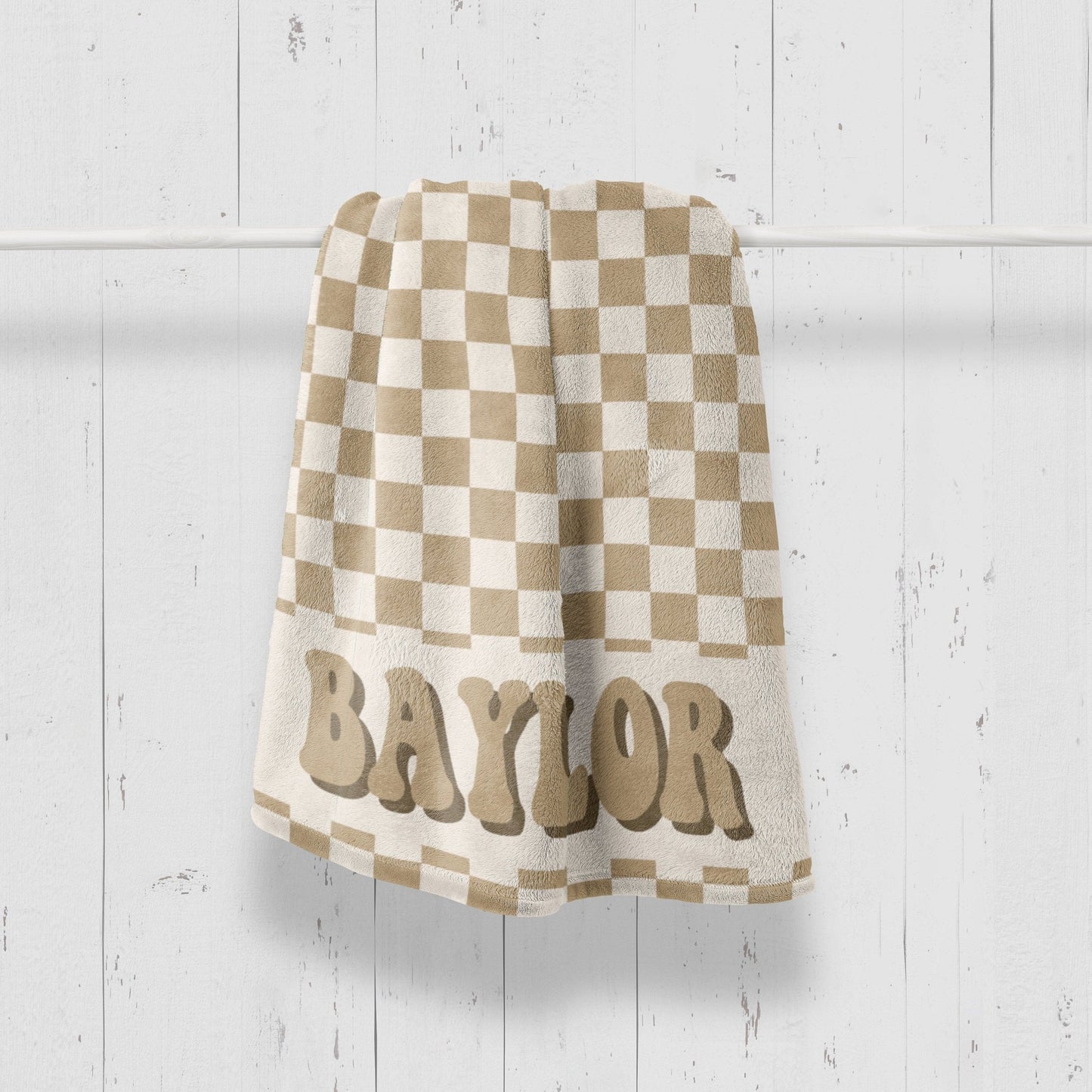 Checkered Neutral Baby Name Blanket Nursery Receiving Fleece Blanket Retro Checkered Wave - Squishy Cheeks