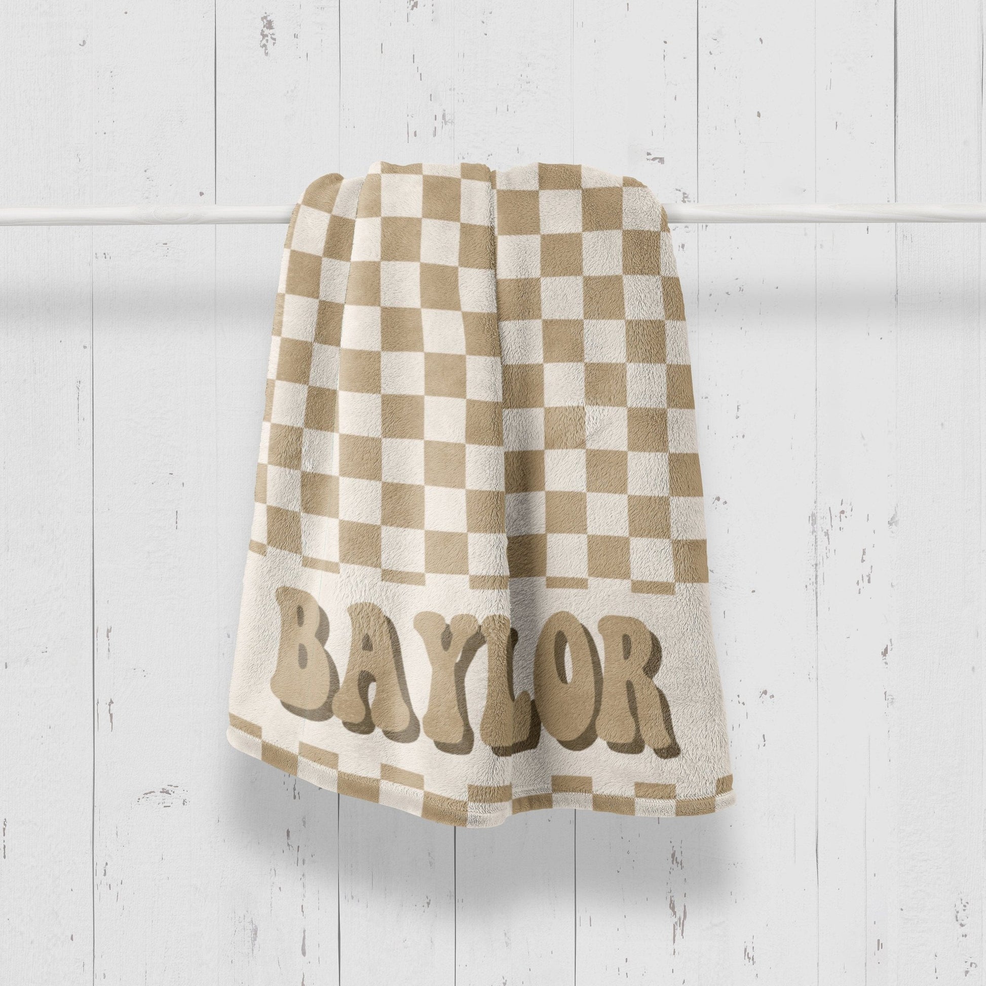 Checkered Neutral Baby Name Blanket Nursery Receiving Fleece Blanket Retro Checkered Wave - Squishy Cheeks