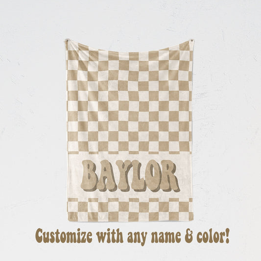 Checkered Neutral Baby Name Blanket Nursery Receiving Fleece Blanket Retro Checkered Wave - Squishy Cheeks