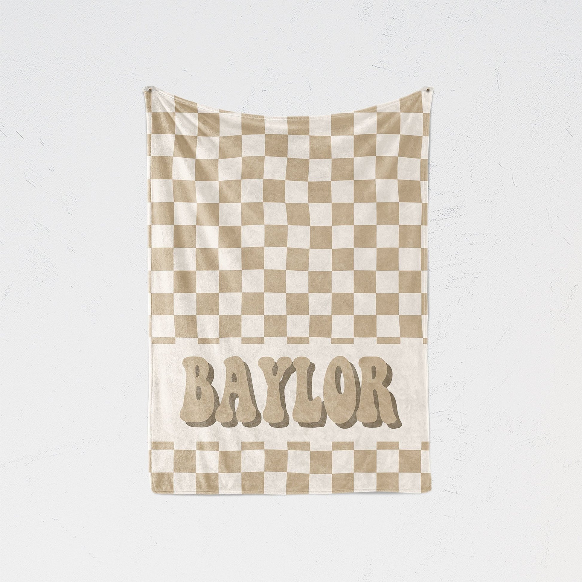 Checkered Neutral Baby Name Blanket Nursery Receiving Fleece Blanket Retro Checkered Wave - Squishy Cheeks