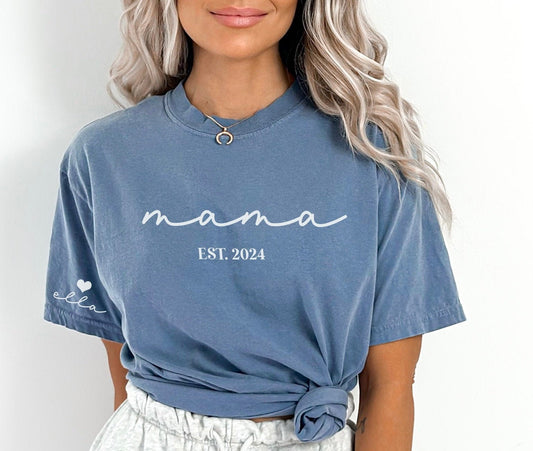 Custom Mama Shirt With Kids Name On Sleeve Short Sleeve Comfort Colors Shirt - Squishy Cheeks