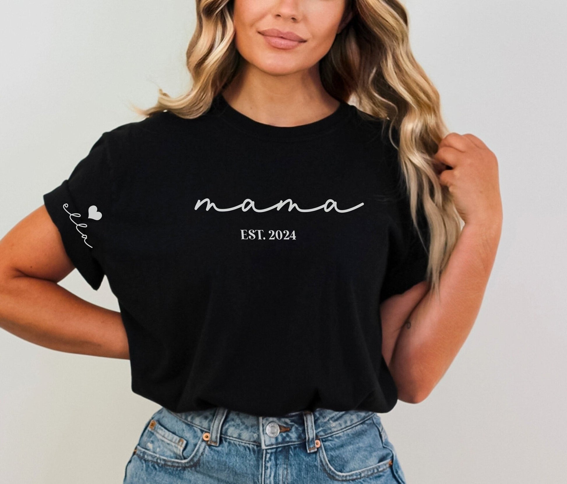 Custom Mama Shirt With Kids Name On Sleeve Short Sleeve Comfort Colors Shirt - Squishy Cheeks