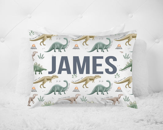 Dinosaur Custom Name Pillowcase, Personalized Pillow, Dinosaur Theme Bedroom, Dino Bedroom Decor, Toddler or Standard sizing - Squishy Cheeks