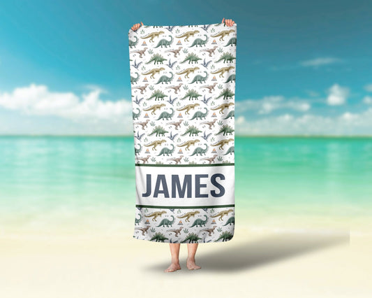 Dinosaur Towel, Personalized Dino Boy, Beach Towel for Boys, Custom Pool Towel - Squishy Cheeks