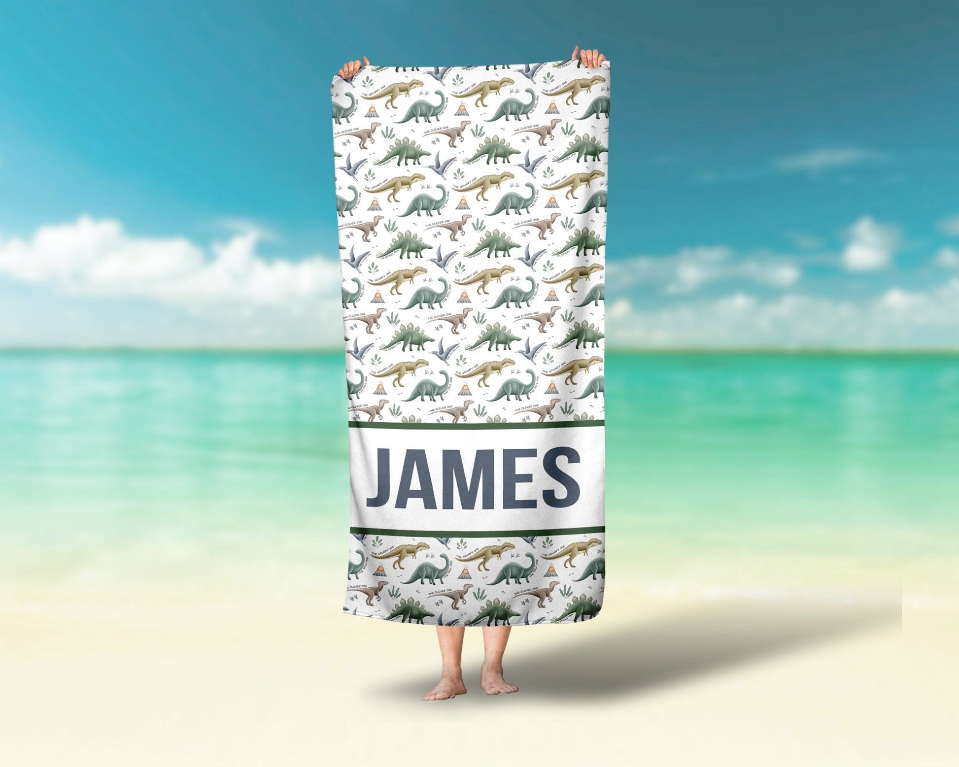 Dinosaur Towel, Personalized Dino Boy, Beach Towel for Boys, Custom Pool Towel - Squishy Cheeks