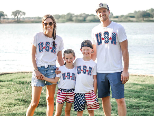 Family USA Stars 4th of July Shirts, Retro USA Matching Family Independence Day Shirts, Red White Blue Stars, American Family Shirts - Squishy Cheeks