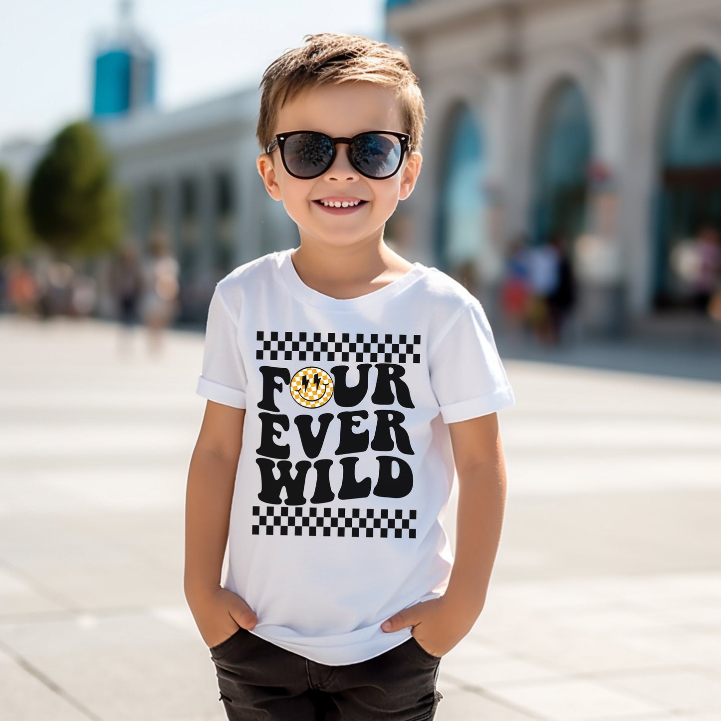 Four Ever Wild Boy's Fourth Birthday Personalized 4th Birthday Checkered Skater - Squishy Cheeks