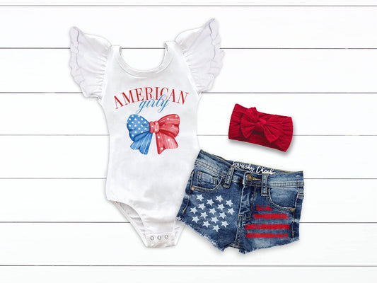 Girls American Girly Coquette 4th of July Outfit Red White Blue Leotard Patriotic Shirt Fourth of July Baby Girl - Squishy Cheeks