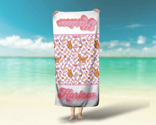 Girls retro groovy y2k daisy print Personalized Beach Towel, Retro Custom Beach Towel, Custom Children's Pool Towel Bathing Towel with name - Squishy Cheeks