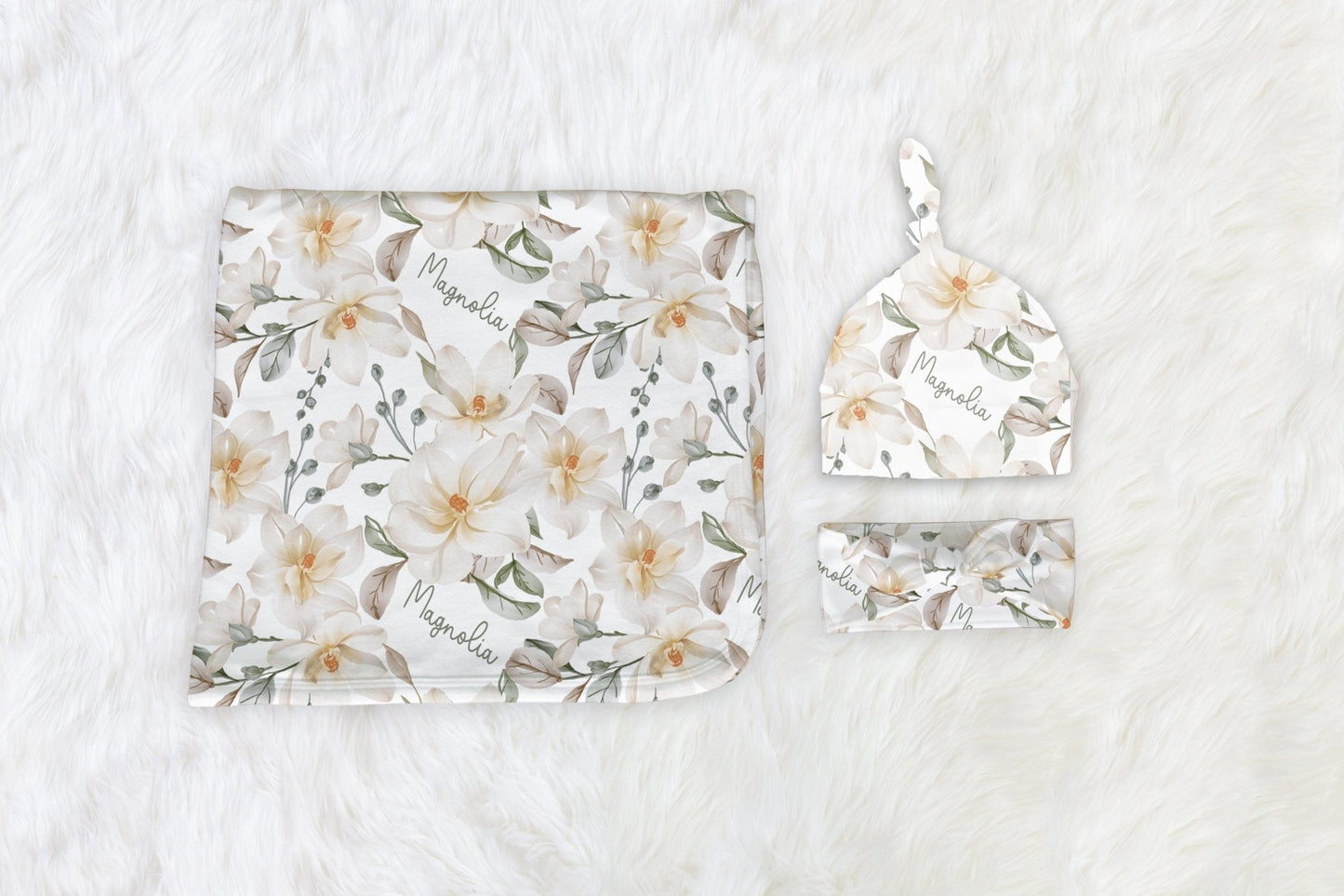 Magnolia Floral Baby Swaddle, Personalized Magnolia Baby Blanket with Name Sign Gift Set - Squishy Cheeks