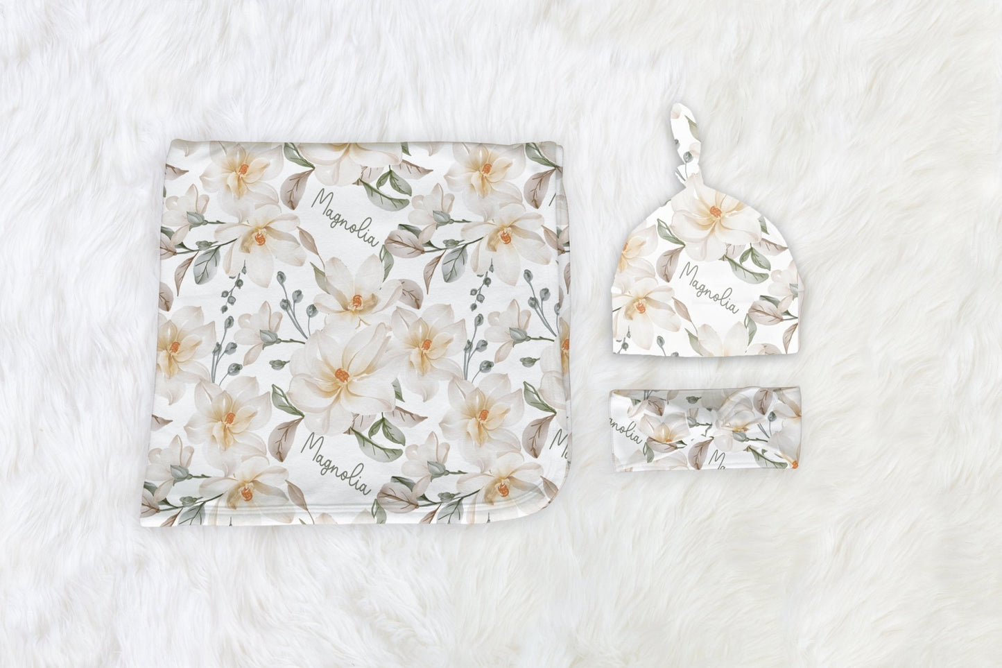 Magnolia Floral Baby Swaddle, Personalized Magnolia Baby Blanket with Name Sign Gift Set - Squishy Cheeks