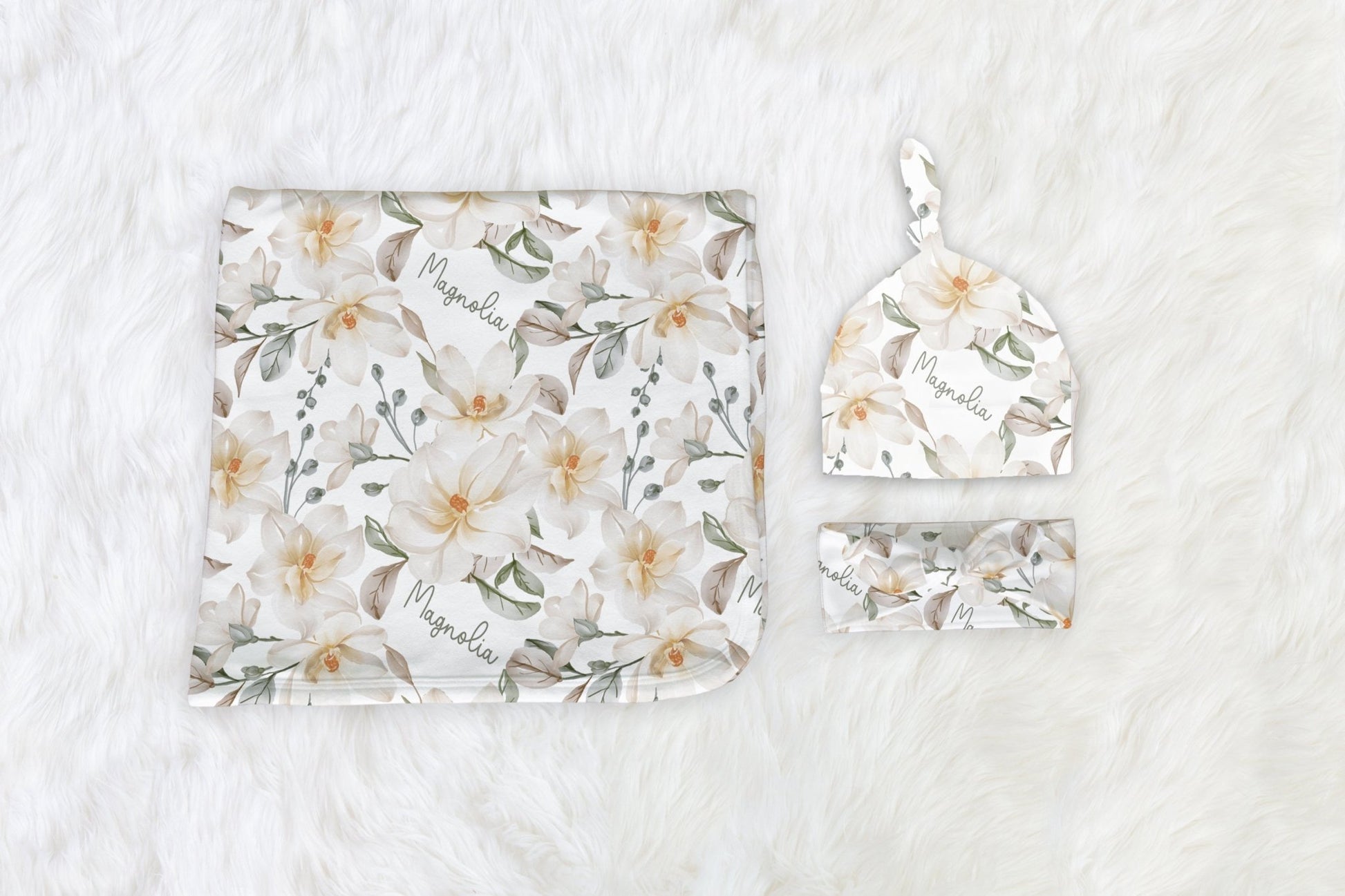 Magnolia Floral Baby Swaddle, Personalized Magnolia Baby Blanket with Name Sign Gift Set - Squishy Cheeks