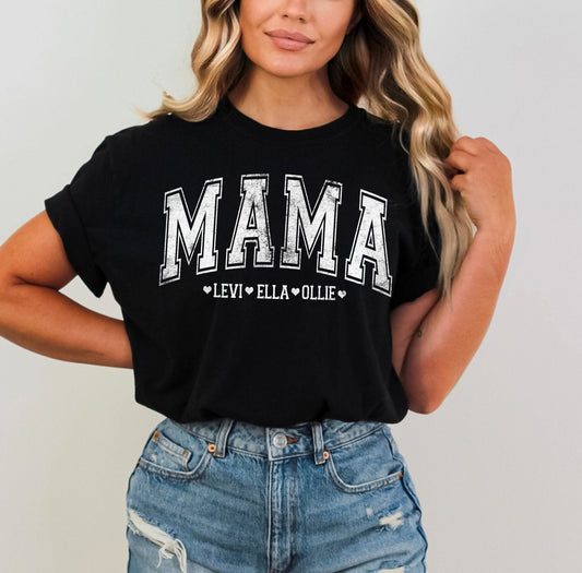 Mom Shirt Retro Varsity Mama With Kids Names Mommy Me Matching Mothers Day Set - Squishy Cheeks