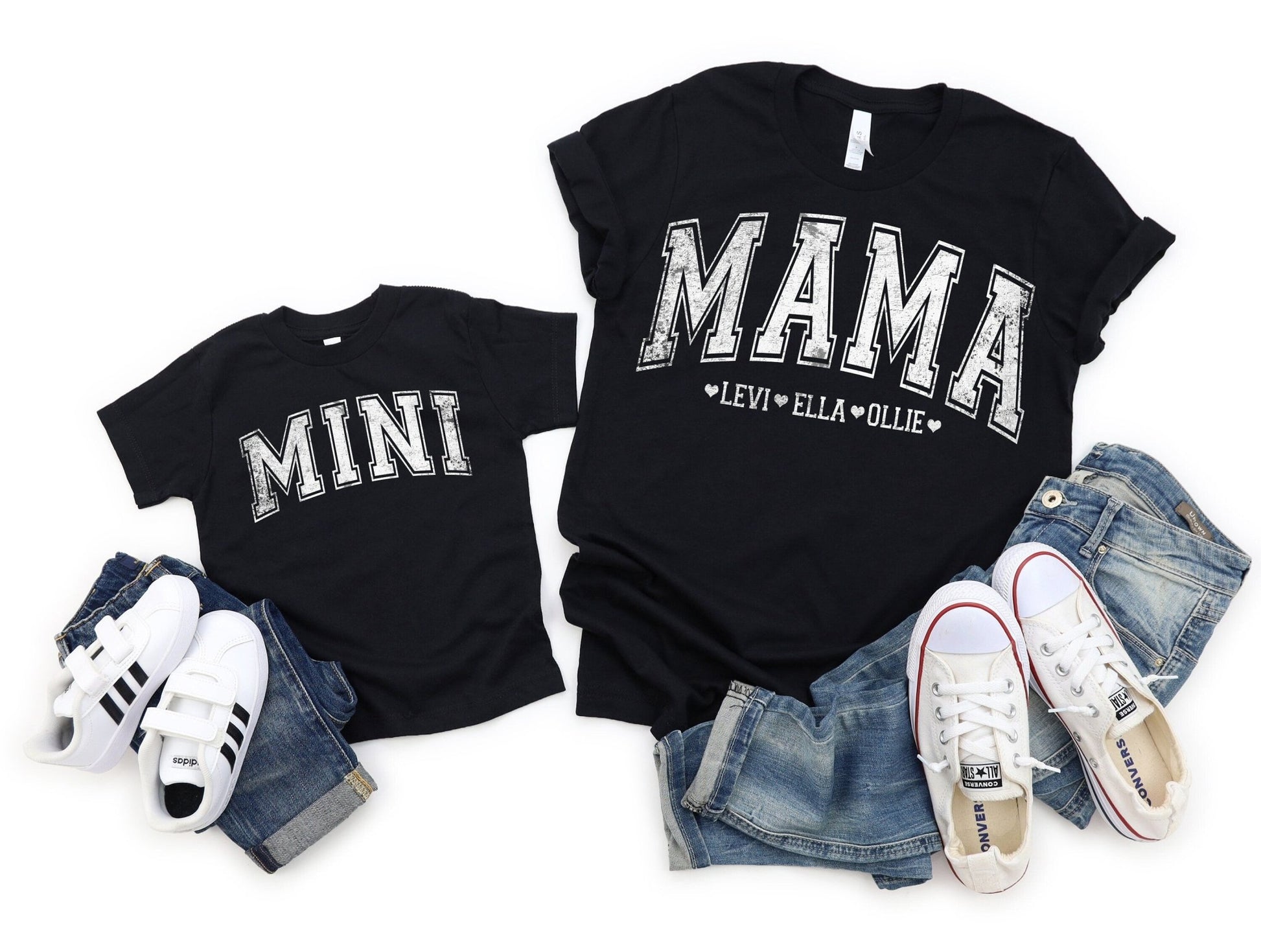 Mom Shirt Retro Varsity Mama With Kids Names Mommy Me Matching Mothers Day Set - Squishy Cheeks
