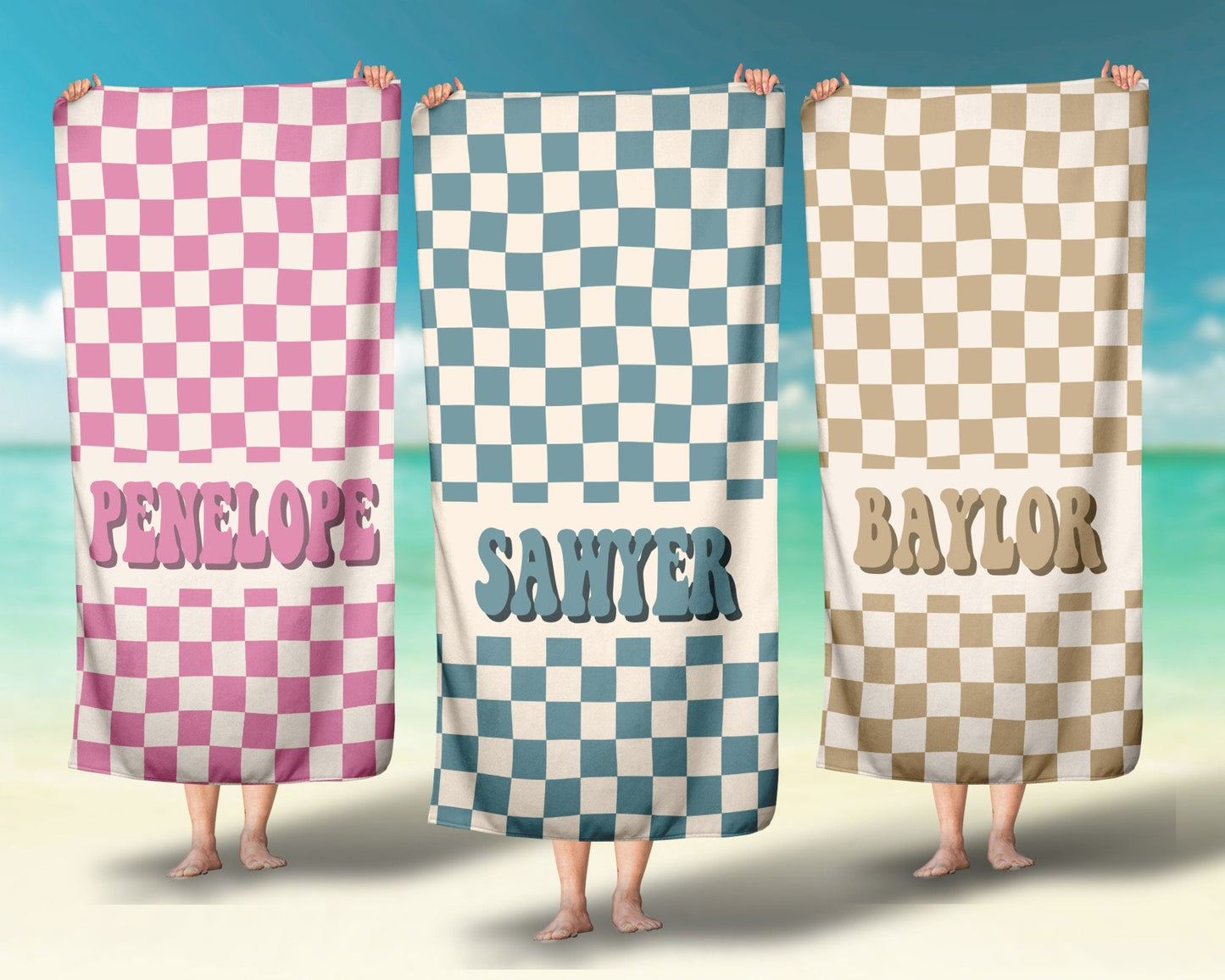 Personalized Beach Towel Checkered Retro Custom Beach Towel Kids Pool Name Towel - Squishy Cheeks