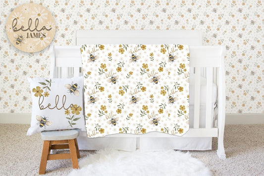 Personalized Bumble Bee Floral Pillow Bee Nursery Baby Blanket Pillow Set Honey Bee Baby Swaddle - Squishy Cheeks