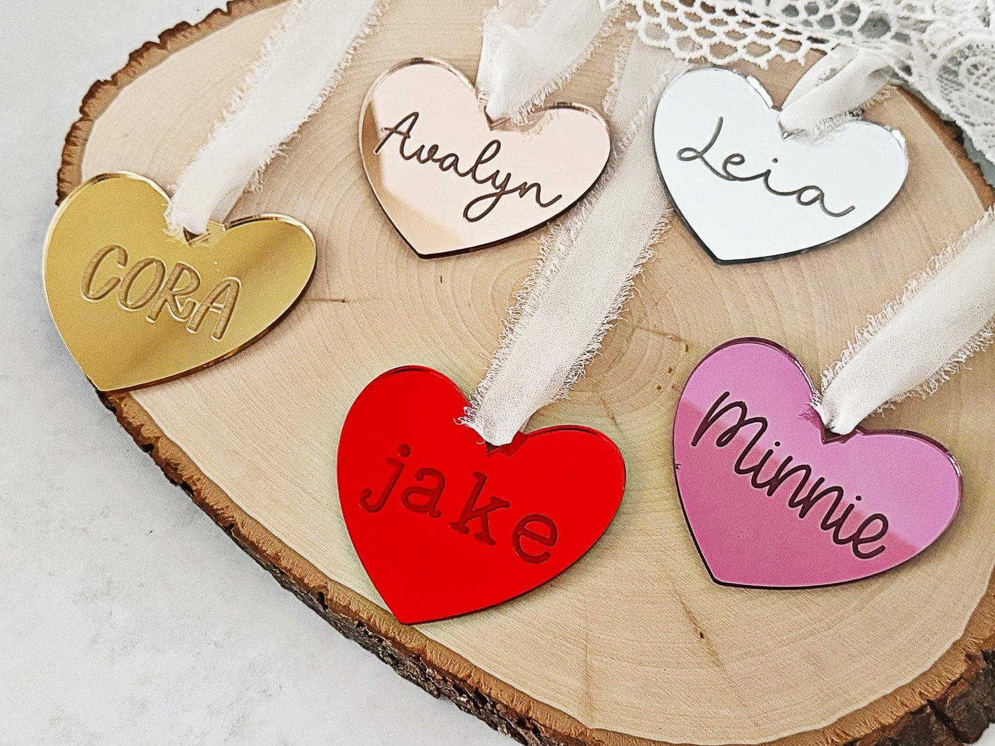 Personalized Heart Name Tag, Valentines Day Ornament, Mirror Heart Gift Bag Tag - Squishy Cheeks