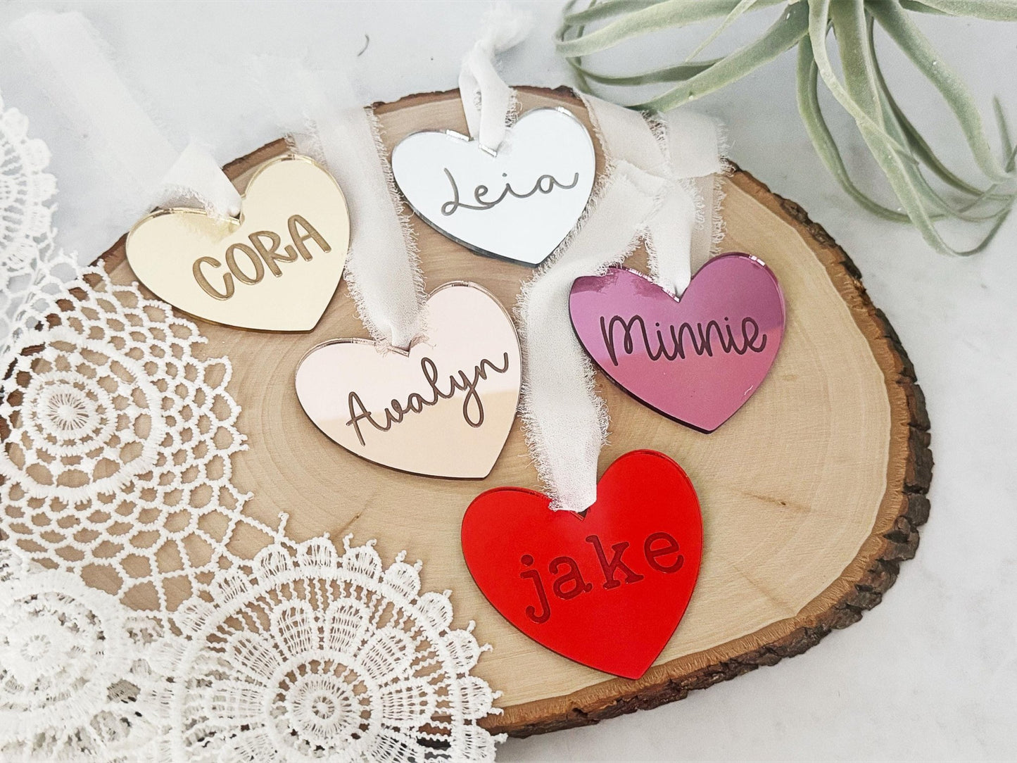Personalized Heart Name Tag, Valentines Day Ornament, Mirror Heart Gift Bag Tag - Squishy Cheeks