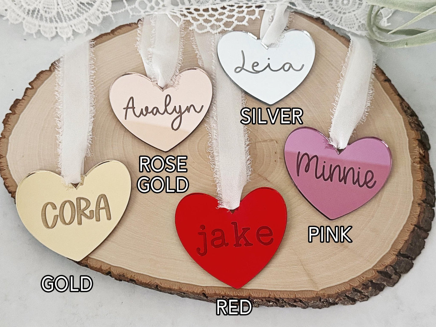 Personalized Heart Name Tag, Valentines Day Ornament, Mirror Heart Gift Bag Tag - Squishy Cheeks
