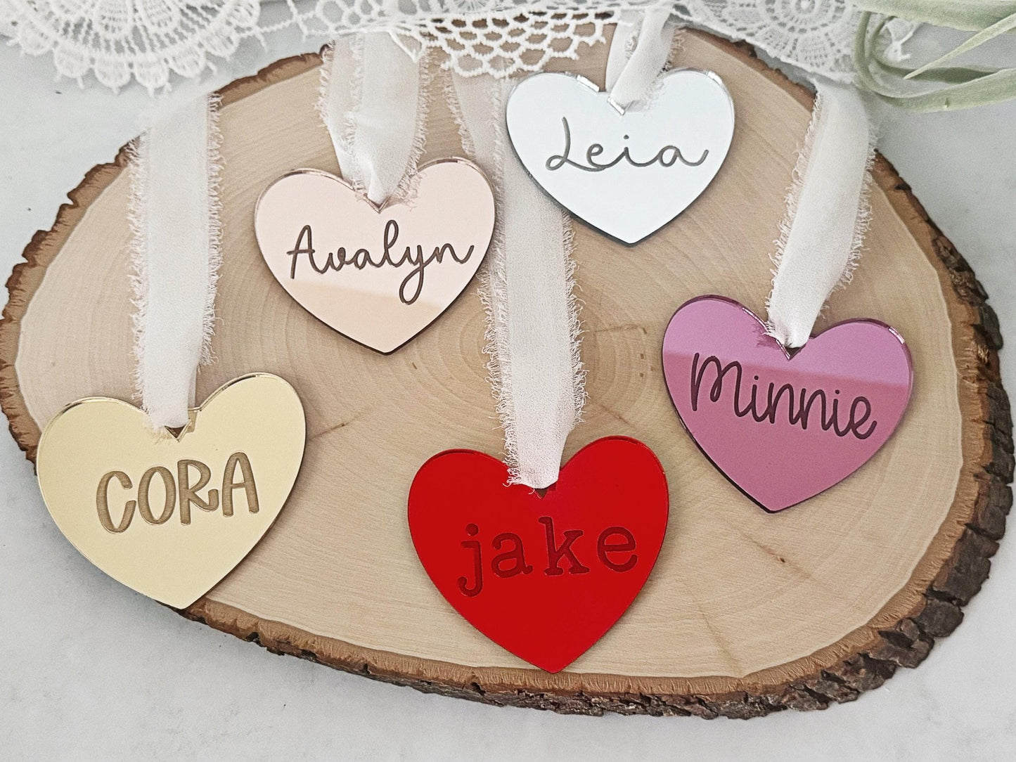Personalized Heart Name Tag, Valentines Day Ornament, Mirror Heart Gift Bag Tag - Squishy Cheeks