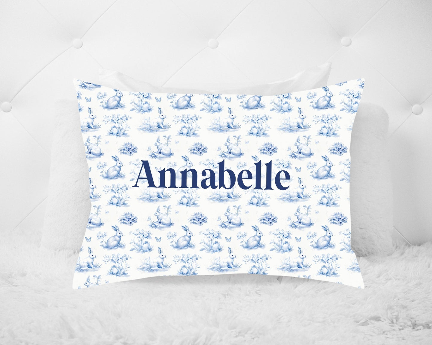 Personalized Kids Easter Pillow Case Blue Bunny Toile Pillow Toddler or Standard - Squishy Cheeks