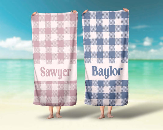Pink Blue Plaid Gingham Personalized Beach Towels Sibling Matching Custom Beach Towels - Squishy Cheeks