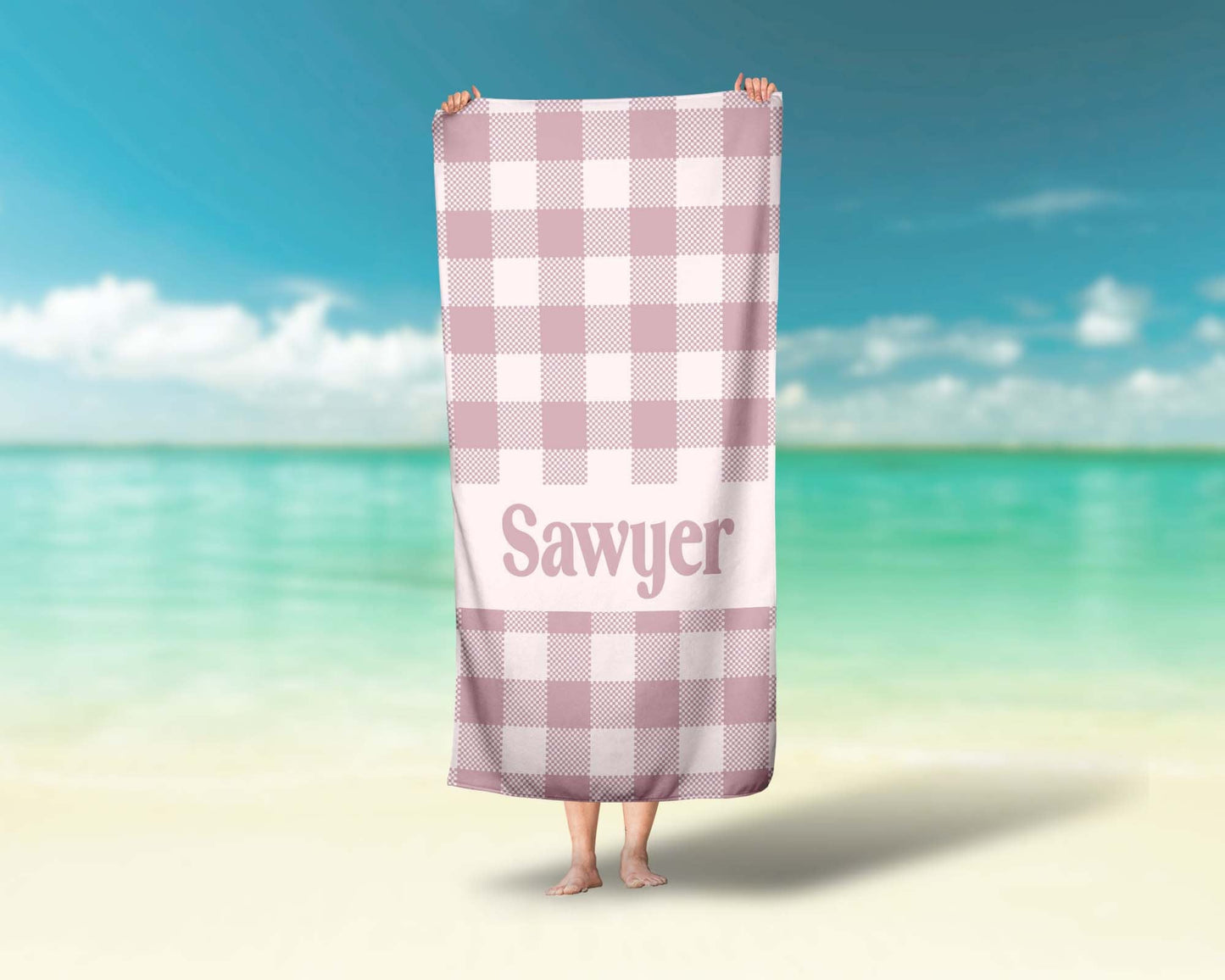 Pink Blue Plaid Gingham Personalized Beach Towels Sibling Matching Custom Beach Towels - Squishy Cheeks