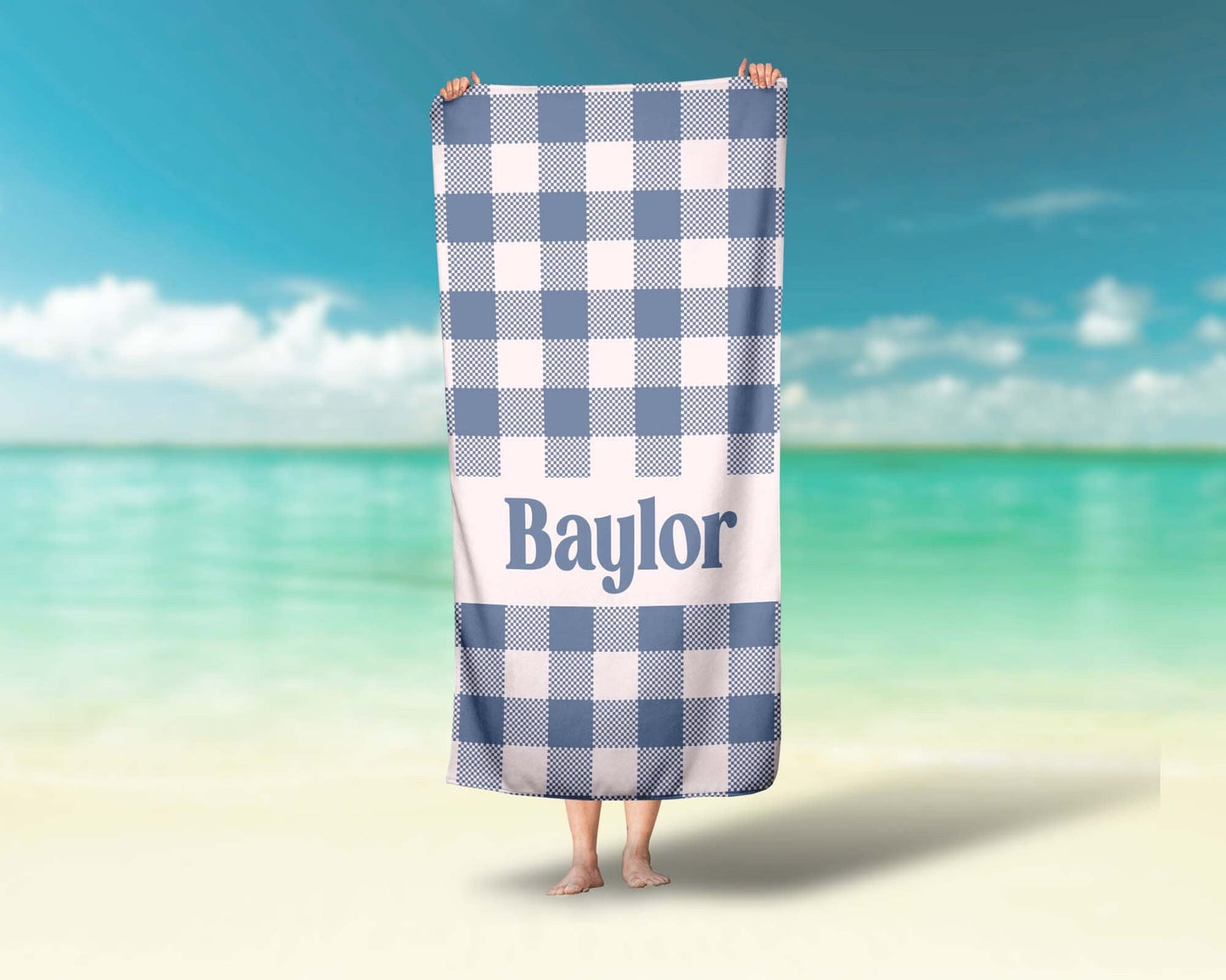 Pink Blue Plaid Gingham Personalized Beach Towels Sibling Matching Custom Beach Towels - Squishy Cheeks