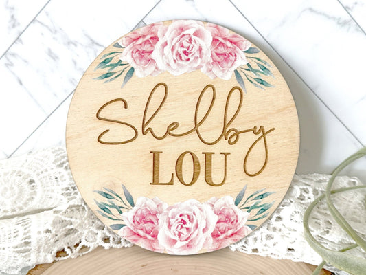 Pink Floral Baby Girl Name Sign, Wood Name Sign, Name Announcement Sign, Floral Nursery, Newborn Photo Prop, Hospital Plaque - Squishy Cheeks