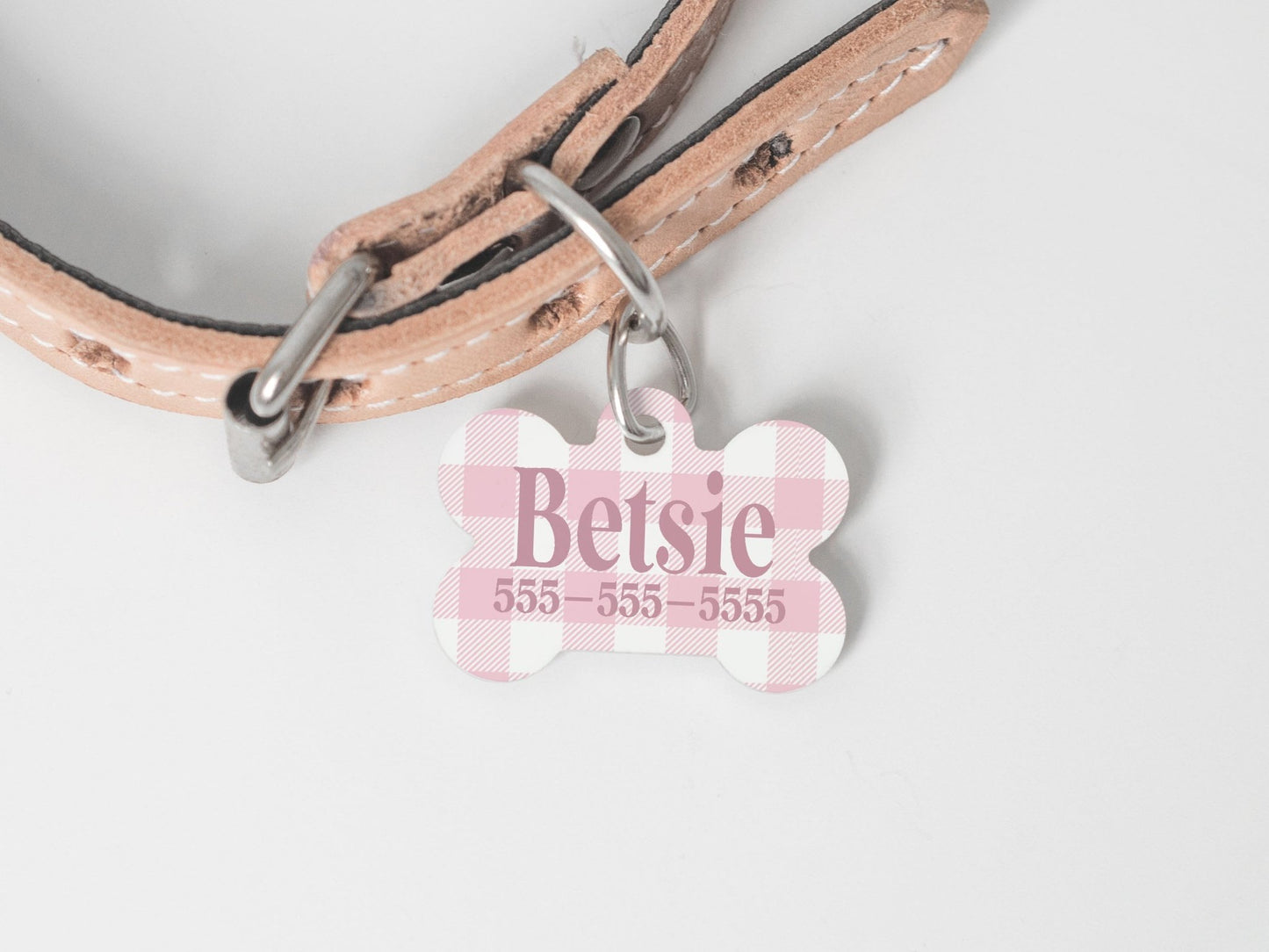 Plaid Gingham Dog Tags Custom with Name and Phone Number Dog ID Tag Pet Collar Tag - Squishy Cheeks