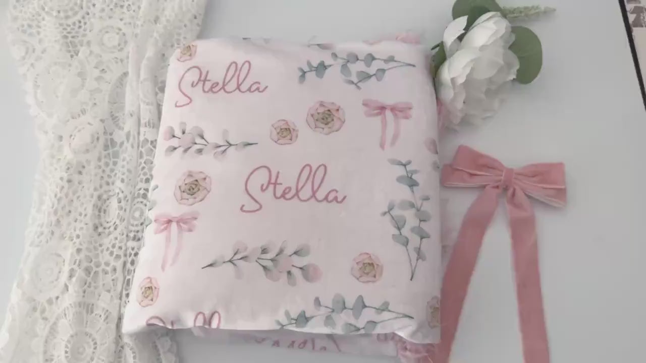 Baby Girl Pink Bows Floral Personalized Swaddle Blanket, Baby Girl Boho Ballerina Greenery Nursery Swaddle