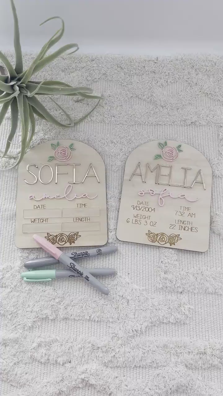 Rose Baby Girl Birth Stat Name Sign Floral Wood 3D Name Announcement Birth Stat Sign Floral Nursery Newborn Photo Prop