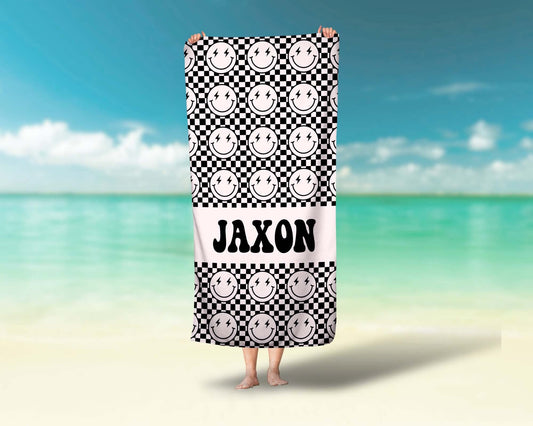 Retro Black Checkered Custom Name Towel Personalized Beach Towel - Squishy Cheeks