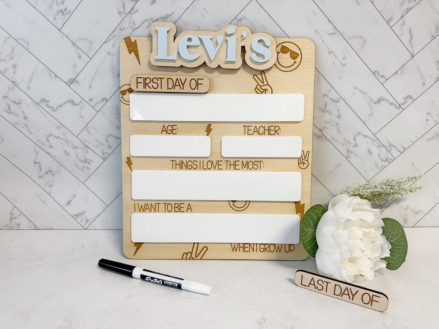 Retro Boys Changeable Back to School Sign Last Day of School Sign, Personalized Dry Erase School Sign - Squishy Cheeks