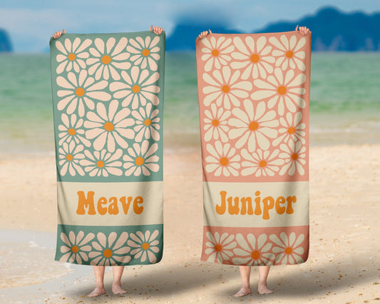 Retro Flower Personalized Beach Towel, Groovy Hippie Sibling Matching Custom Beach Towel Kids Pool Towel With Name - Squishy Cheeks