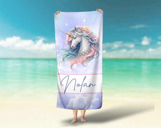 Unicorn Personalized Beach Towel, Custom Pool Towel with Name, Rainbow Unicorn Towel - Squishy Cheeks