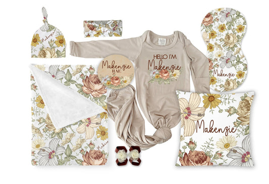 Vintage Floral Baby Girl Blanket Gift Set, Personalized Floral Baby Shower Gift Set Gown Blanket Hat Headband Sign Pillow Burp Cloth Sandals - Squishy Cheeks