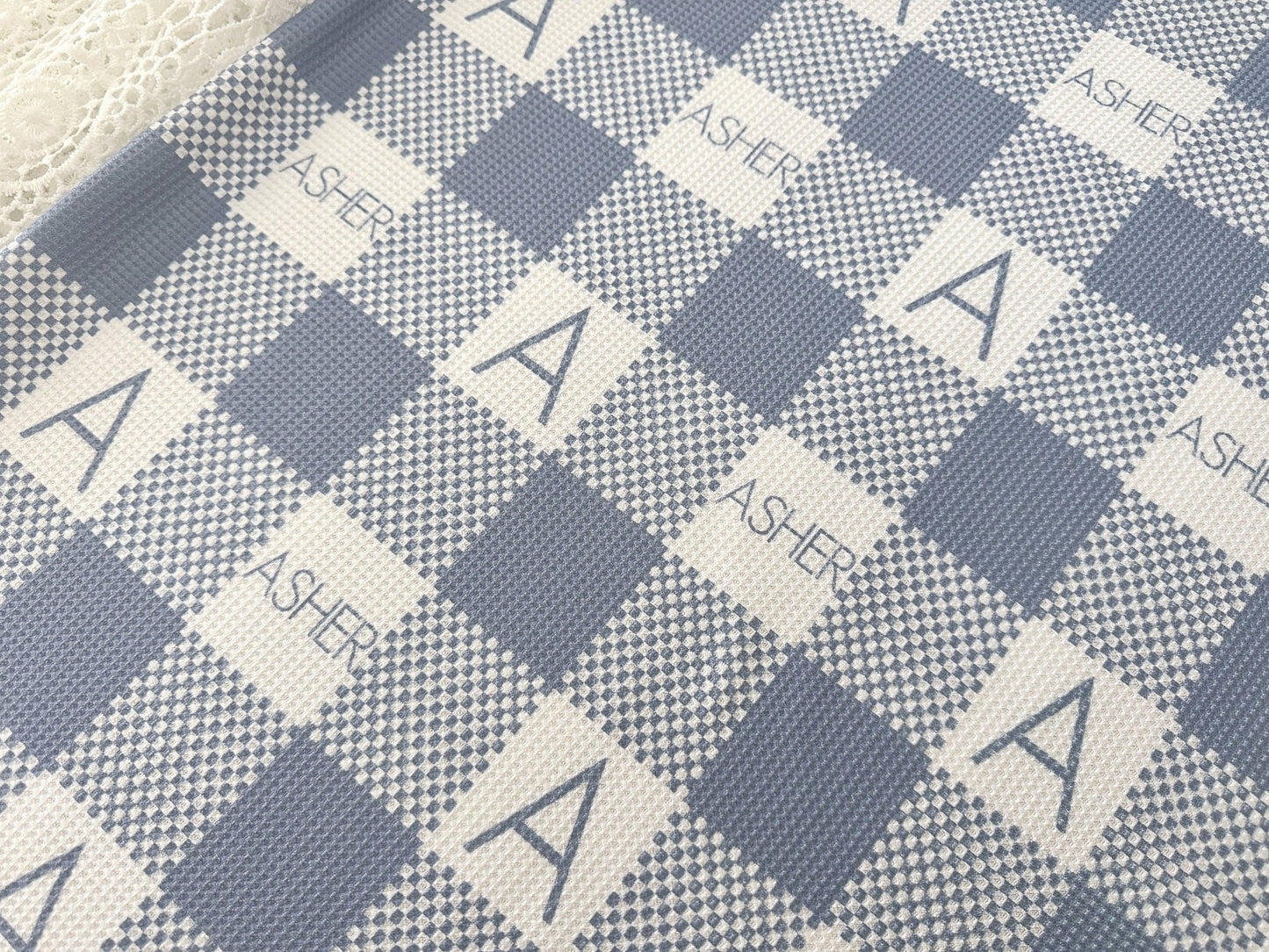 Waffle Baby Blanket Blue Personalized Checkered Plaid Monogramed Baby Swaddle Baby Boy Blanket - Squishy Cheeks