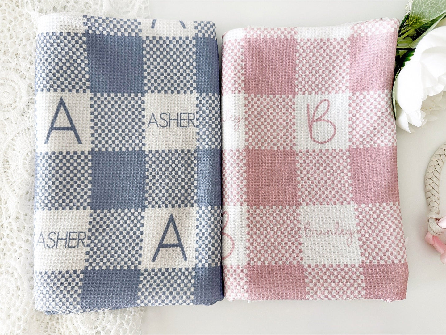 Waffle Baby Blanket Blue Personalized Checkered Plaid Monogramed Baby Swaddle Baby Boy Blanket - Squishy Cheeks