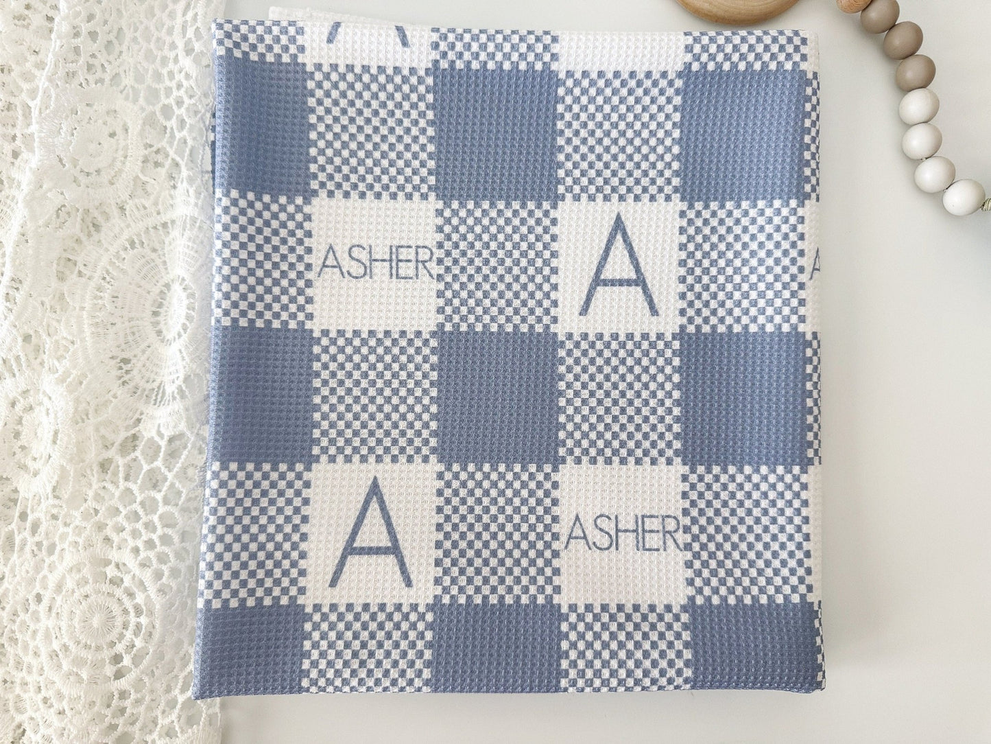 Waffle Baby Blanket Blue Personalized Checkered Plaid Monogramed Baby Swaddle Baby Boy Blanket - Squishy Cheeks