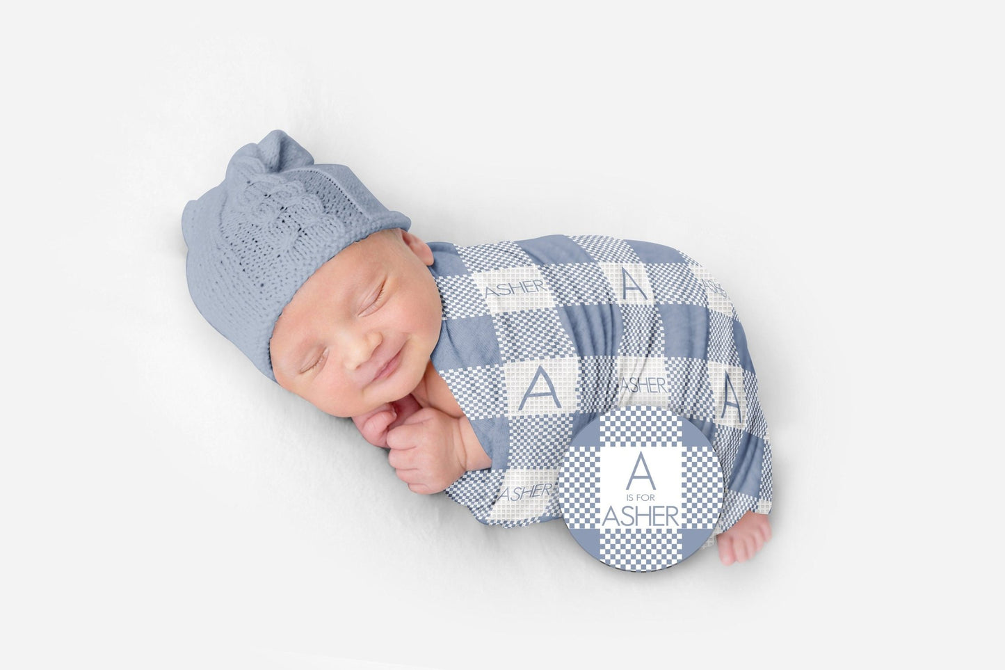 Waffle Baby Blanket Blue Personalized Checkered Plaid Monogramed Baby Swaddle Baby Boy Blanket - Squishy Cheeks