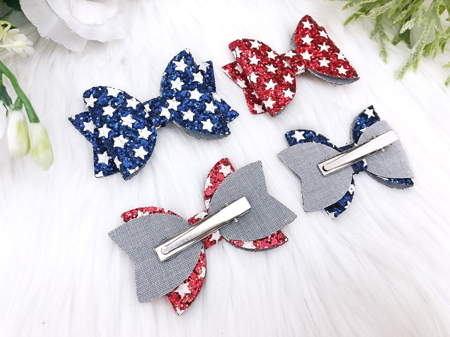 4th of July Pig Tail Bow Patriotic Glitter Bow Red White Blue Independence Day Girls Sparkle Bow Baby Girl Hair Bows Toddler Bow - Squishy Cheeks