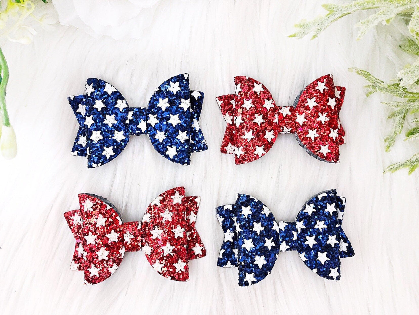 4th of July Pig Tail Bow Patriotic Glitter Bow Red White Blue Independence Day Girls Sparkle Bow Baby Girl Hair Bows Toddler Bow - Squishy Cheeks